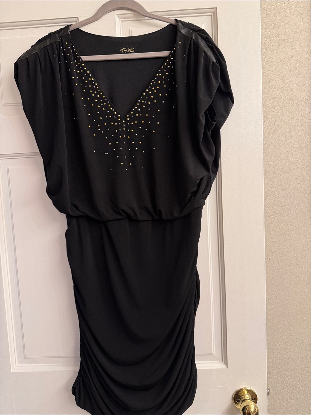 Thalia Sodi Black Midi Dress with Gold Stud Accents and small leather look trim